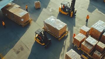 Aerial view of a warehouse with forklifts moving pallets of goods photo