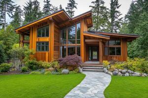 Modern wooden house surrounded by lush greenery and a stone pathway photo