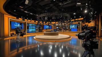 A modern television studio with cameras and screens, designed for broadcasting news photo