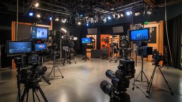 A photography studio equipped with various cameras and lighting for media production photo