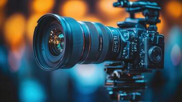 A close-up of a professional camera with a large lens, set against a blurred background photo