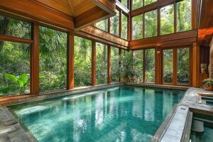 A serene indoor swimming pool surrounded by lush greenery and large windows photo