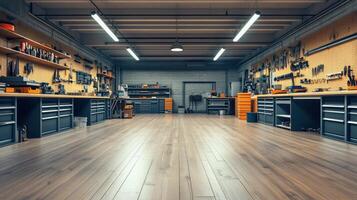 A spacious workshop filled with tools and equipment for various projects photo