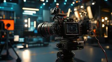 A professional camera setup in a studio environment, ready for filming or photography photo