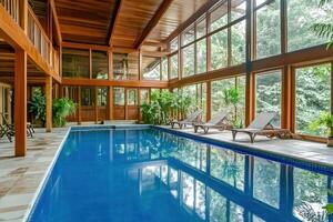 Indoor swimming pool area with large windows and lounge chairs surrounded by greenery photo