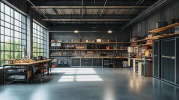 A spacious workshop with tools and workstations for various projects and repairs photo