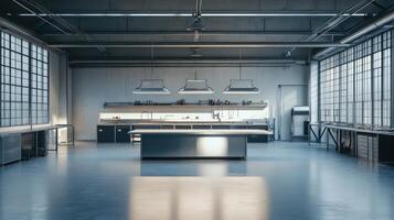 Modern kitchen space with large windows, designed for culinary activities and food preparation photo