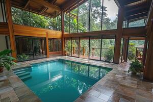 A serene indoor pool surrounded by large windows and lush greenery photo