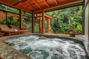 A serene indoor hot tub surrounded by lush greenery and wooden architecture photo