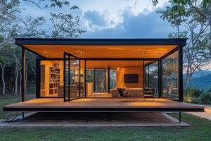 Modern house with large windows and a wooden deck, set in a natural landscape photo