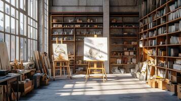 A spacious art studio with easels, shelves, and natural light for creative work photo