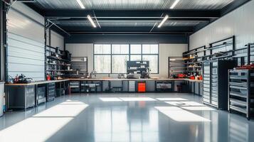 A modern workshop with organized tools and workspaces for various projects photo