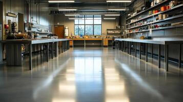 A spacious workshop with workbenches and tools, designed for hands-on projects and creativity photo