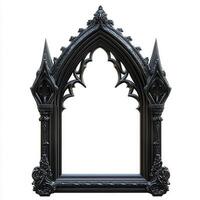 A gothic-style black picture frame with ornate details and pointed arches photo
