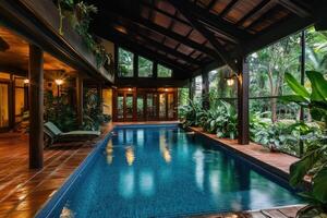 A serene indoor pool surrounded by lush greenery and wooden architecture, photo