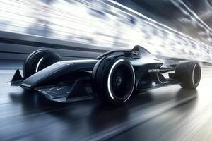 A sleek, futuristic racing car in motion, showcasing speed and advanced design, photo