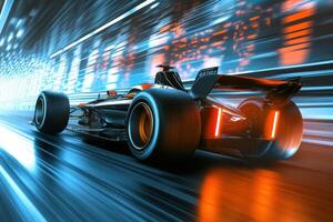 A futuristic racing car speeds through a vibrant, illuminated tunnel photo