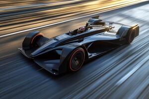 A sleek, futuristic racing car in motion, showcasing speed and advanced design photo