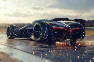 A futuristic racing car splashes through water on a track, showcasing sleek design and speed photo