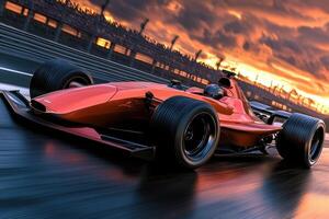 A sleek red racing car on a track during sunset, showcasing speed and performance photo
