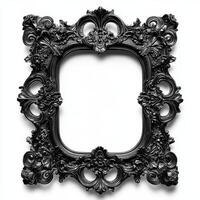 A decorative black picture frame with intricate floral designs and an empty center photo
