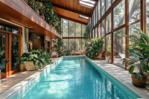 Indoor swimming pool surrounded by lush greenery and large windows for natural light photo