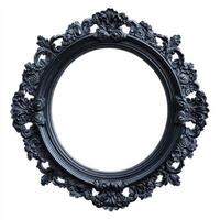Ornate black circular frame with intricate floral designs, empty center for displaying art photo