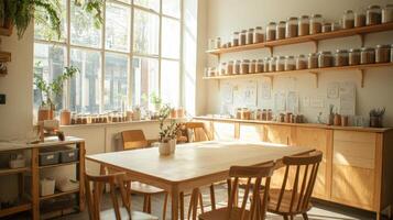 A cozy, well-lit workspace with wooden furniture and jars on shelves for storage photo
