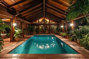 A serene indoor pool surrounded by lush plants and wooden architecture, creating a tranquil space photo