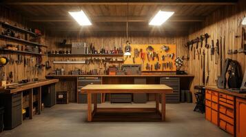 A well-organized workshop featuring various tools and a central workbench photo