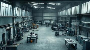 A spacious industrial workshop filled with machinery and workstations for manufacturing photo
