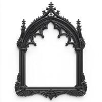 A decorative black gothic-style picture frame with intricate details and an empty center photo