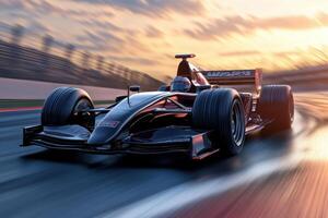 A sleek race car speeding on a track during sunset, showcasing motion and excitement photo