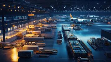 A busy airport hangar at night with planes and cargo in an industrial setting photo