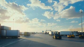 A busy industrial area with forklifts and shipping containers under a bright sky photo