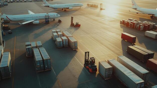 Aerial view of an airport with planes, cargo containers, and a forklift in operation photo