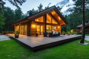 Cozy wooden house with illuminated interiors surrounded by trees and a spacious deck photo