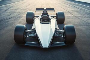 A sleek, modern race car positioned on a racetrack, showcasing its aerodynamic design photo