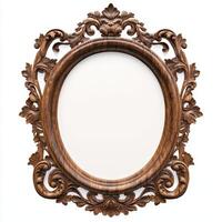 Ornate wooden frame with intricate detailing, designed for displaying artwork or photographs. photo