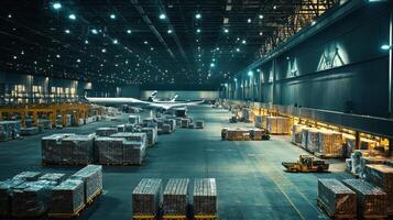 A spacious warehouse with cargo pallets and an airplane, designed for freight handling. photo
