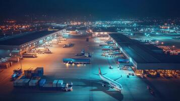 Aerial view of an illuminated airport at night with planes and cargo photo
