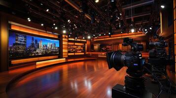 A professional television studio setup with cameras and a large display screen. photo