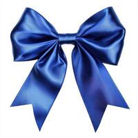 A large, glossy blue satin bow with two trailing ribbons, often used for decoration or gifting photo