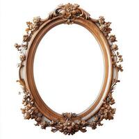 Ornate wooden picture frame with floral design and an empty center for artwork or photos. photo