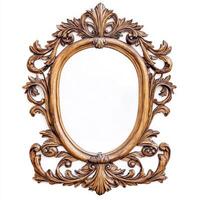Ornate wooden mirror frame with intricate floral designs and an empty oval space for reflection. photo