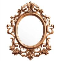 Ornate oval mirror with intricate floral design in a golden frame. photo