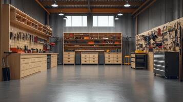 A spacious workshop filled with tools and workbenches for various projects. photo