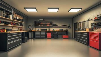 A well-organized garage workshop with tools and storage units for DIY projects. photo