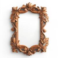 Ornate wooden mirror frame with intricate leaf designs, empty for reflection. photo