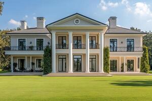 Elegant mansion with columns and landscaped lawn under a clear sky. photo